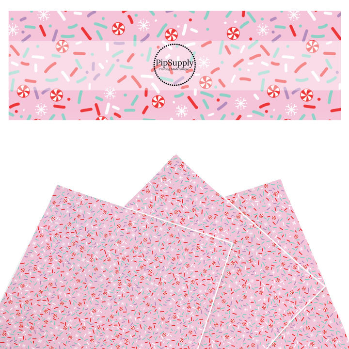 These Christmas themed pattern faux leather sheets contain the following design elements: peppermint sprinkles on pink. Our CPSIA compliant faux leather sheets or rolls can be used for all types of crafting projects.