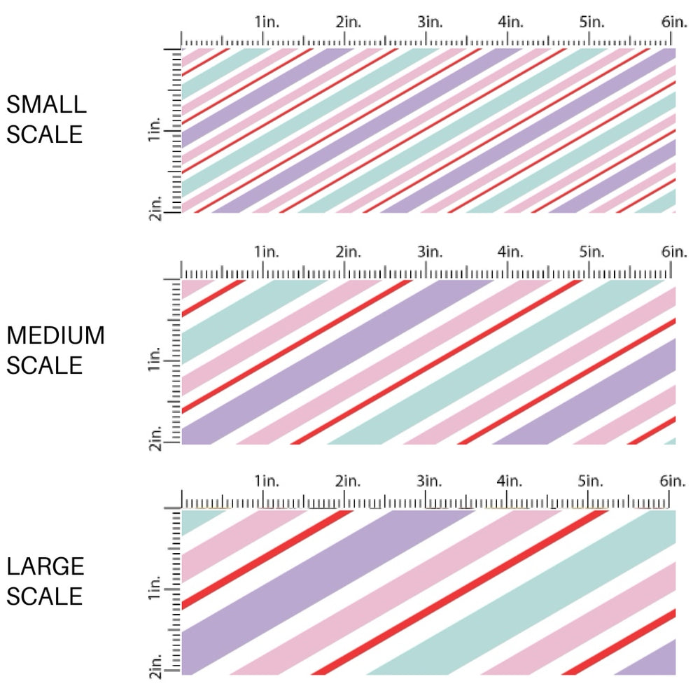 These winter stripe themed pattern fabric by the yard features the following design elements: Christmas pastel diagonal stripes. This fun themed fabric can be used for all your sewing and crafting needs!