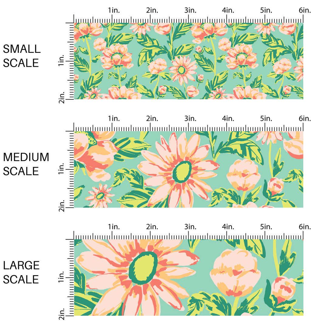 This scale chart has small scale, medium scale, and large scale of these pastel watercolor blooms on green fabric by the yard features light pink, peach, and light green beautiful flowers and leaves. 