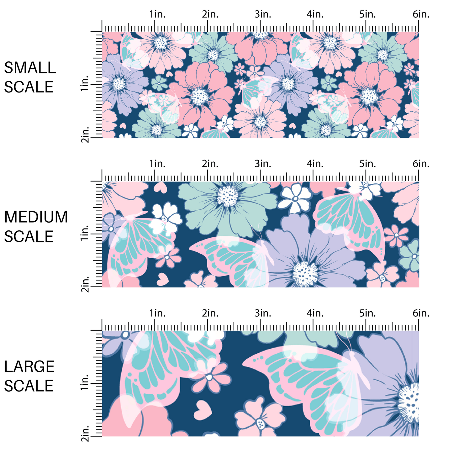 This image has three fabric scales of small, medium, and large scale for the pastel flowers in pink, aqua, purple, and white with aqua butterflies on dark navy blue fabric by the yard.
