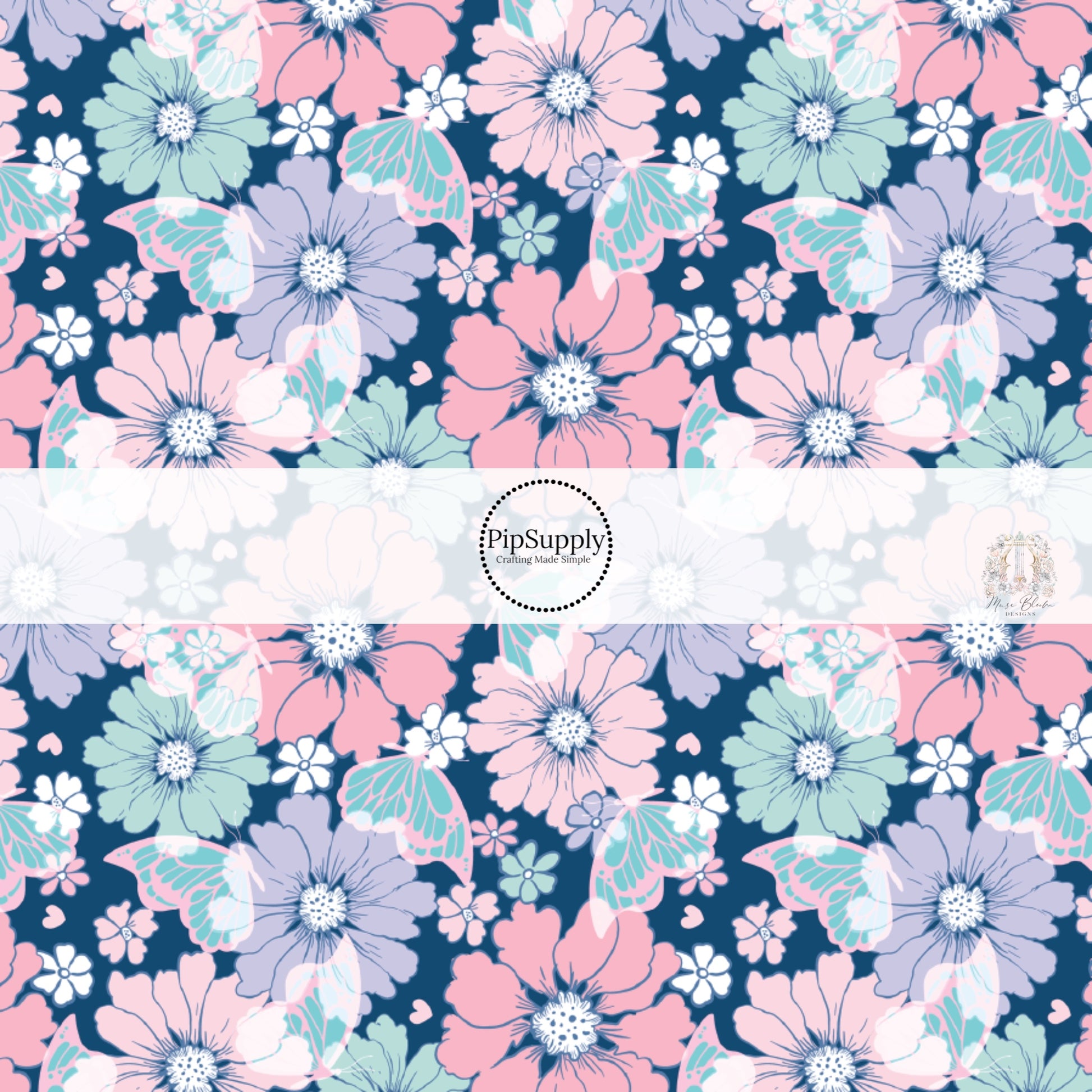 Pastel flowers in pink, aqua, purple, and white with aqua butterflies on dark navy blue fabric by the yard.