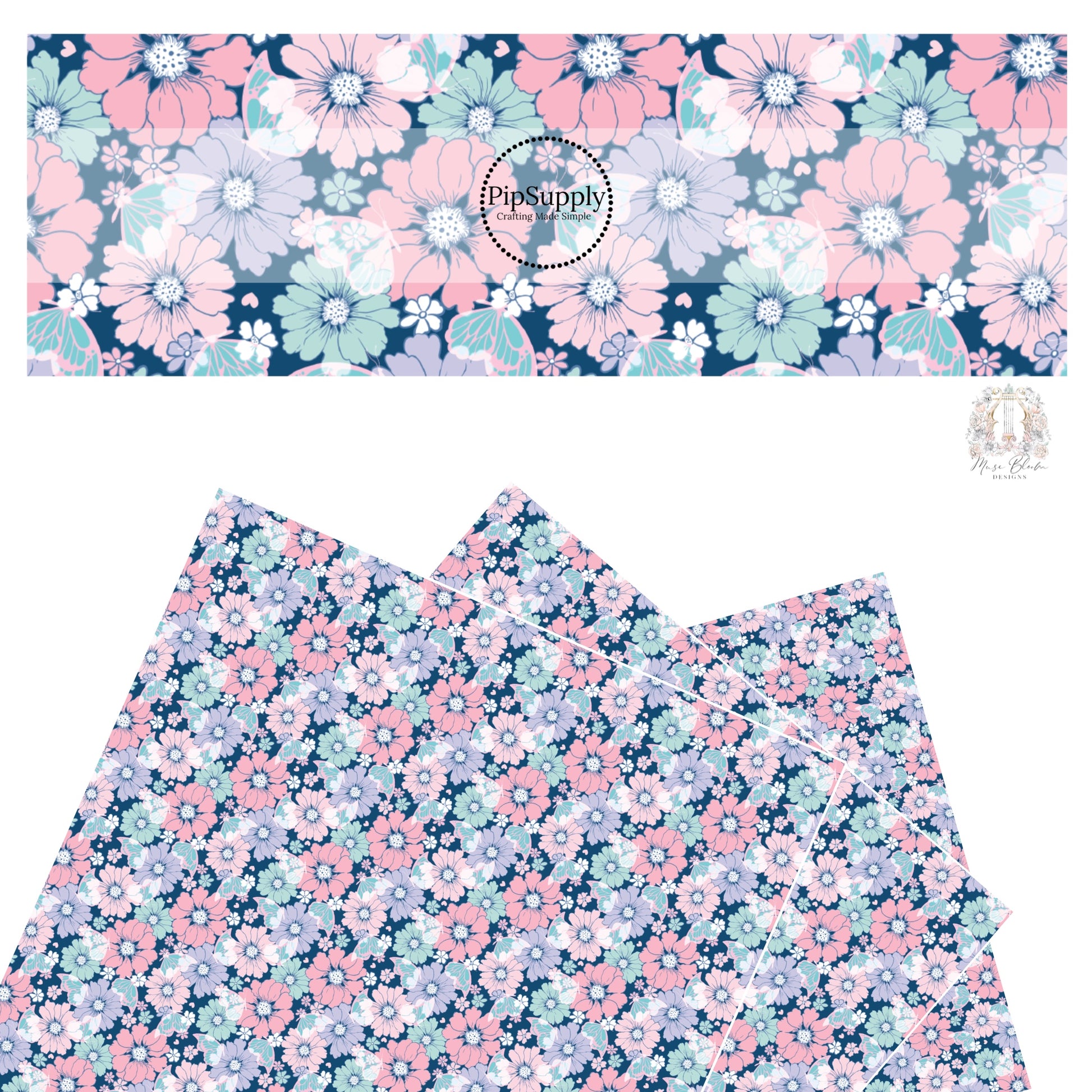 Pastel flowers in pink, aqua, purple, and white with aqua butterflies on dark navy blue faux leather sheet. 