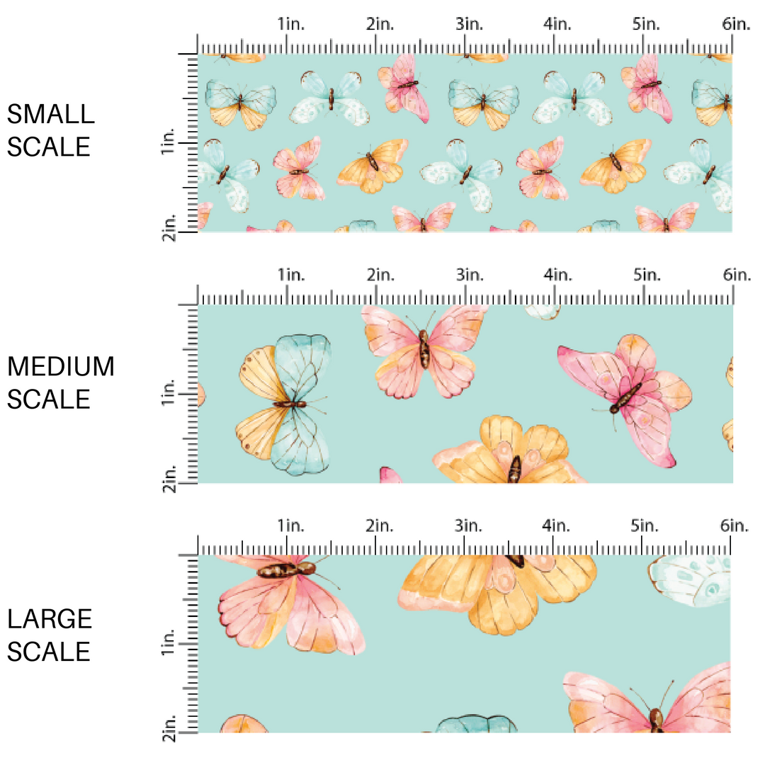 This scale chart of small scale, medium scale, and large scale of these butterfly themed blue fabric by the yard features light pink, orange, and blue butterflies on blue. This fun summer butterfly themed fabric can be used for all your sewing and crafting needs! 