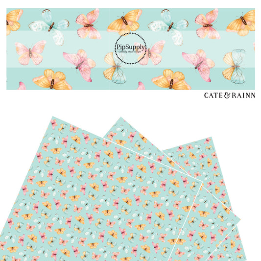 These butterfly themed blue faux leather sheets contain the following design elements: light pink, orange, and blue butterflies on blue. Our CPSIA compliant faux leather sheets or rolls can be used for all types of crafting projects. 