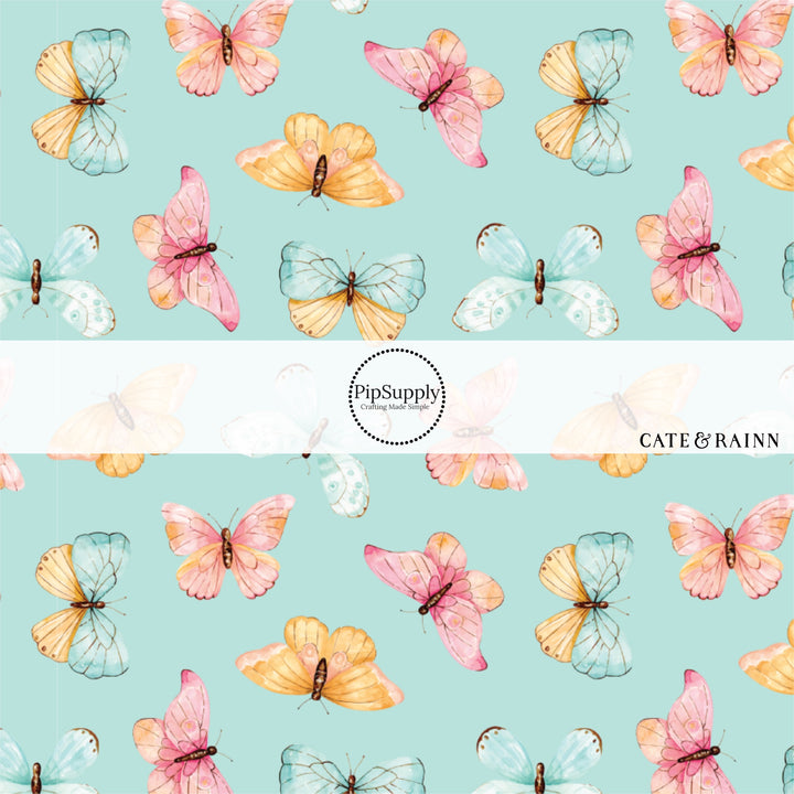 These butterfly themed blue no sew bow strips can be easily tied and attached to a clip for a finished hair bow. These fun summer butterfly themed bow strips features light pink, orange, and blue butterflies on blue are great for personal use or to sell.