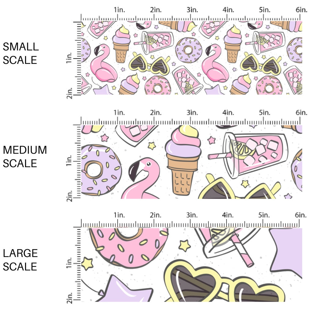This scale chart of small scale, medium scale, and large scale of this summer fabric by the yard features pool party and treats on cream. This fun summer themed fabric can be used for all your sewing and crafting needs! The designer of this pattern is Julie Storie Designs.