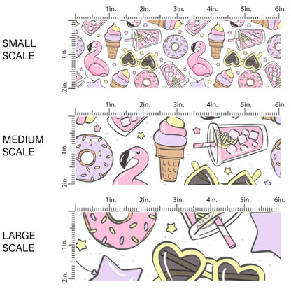 This scale chart of small scale, medium scale, and large scale of this summer fabric by the yard features pool party and treats on cream. This fun summer themed fabric can be used for all your sewing and crafting needs! The designer of this pattern is Julie Storie Designs.