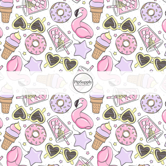 This summer fabric by the yard features pool party and treats on cream. This fun summer themed fabric can be used for all your sewing and crafting needs! The designer of this pattern is Julie Storie Designs.