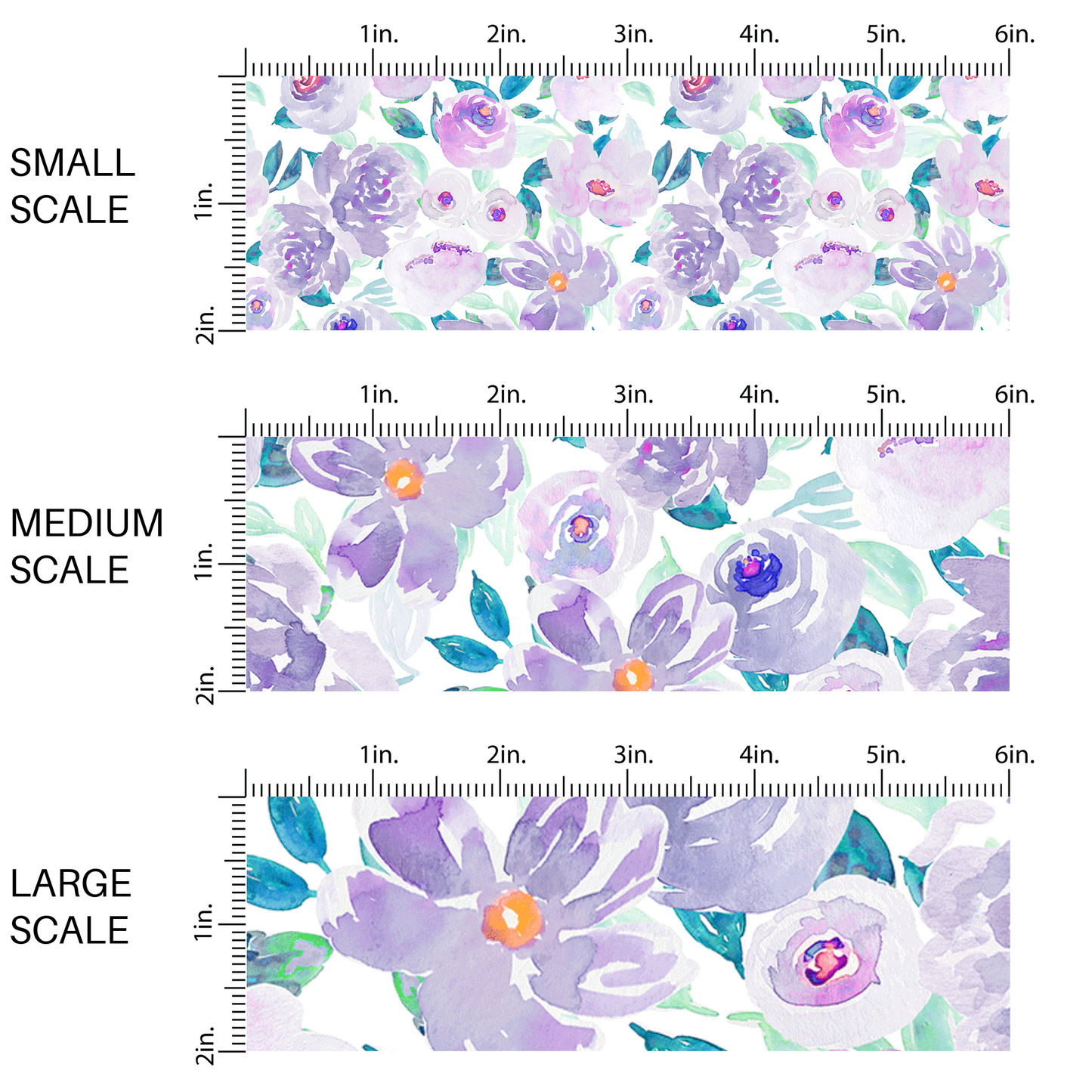 This scale chart has small scale, medium scale, and large scale of these pastel watercolor flowers on white fabric by the yard features light blue, teal, purple, and lavender flowers and leaves. 