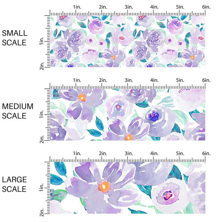 This scale chart has small scale, medium scale, and large scale of these pastel watercolor flowers on white fabric by the yard features light blue, teal, purple, and lavender flowers and leaves. 