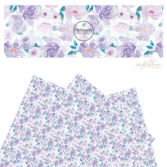 These pastel watercolor flowers on white faux leather sheets contain the following design elements: flowers in the colors of light blue, teal, purple, and lavender. 