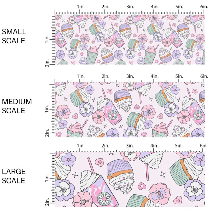 This spring themed fabric by the yard features pastel flowers, drinks, and desserts. This fun pattern fabric can be used for all your sewing and crafting needs!