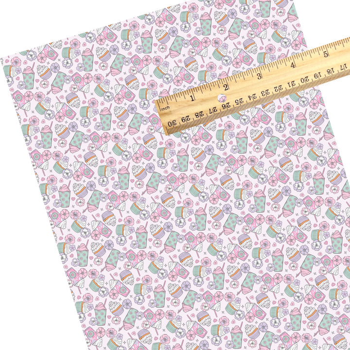 These spring themed faux leather sheets contain the following design elements: pastel flowers, drinks, and desserts. Our CPSIA compliant faux leather sheets or rolls can be used for all types of crafting projects.