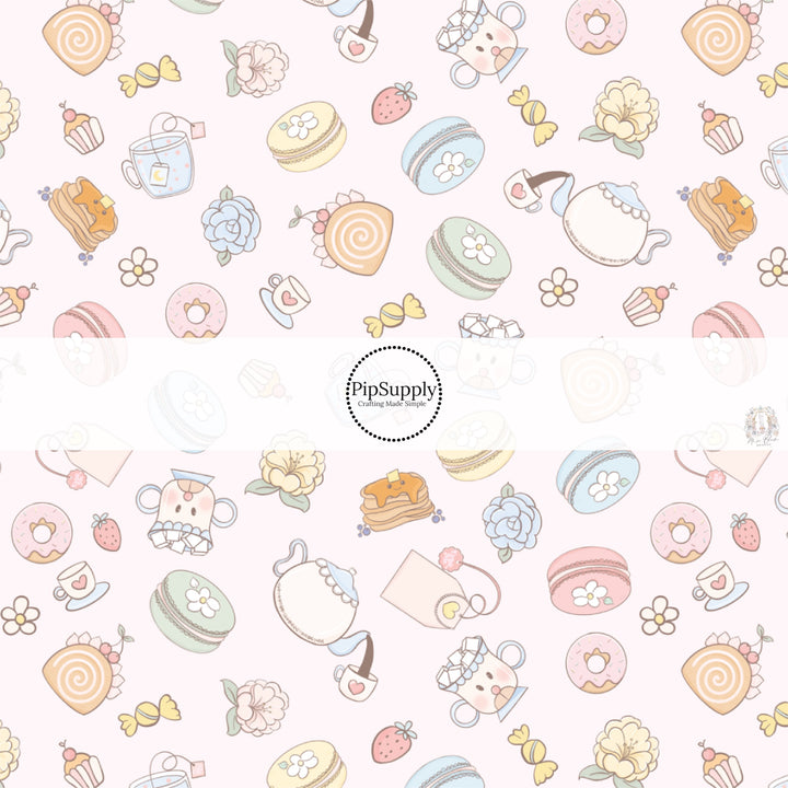 This spring fabric by the yard features pastel tea party pastries. This seasonal pattern fabric can be used for all your sewing and crafting needs! 