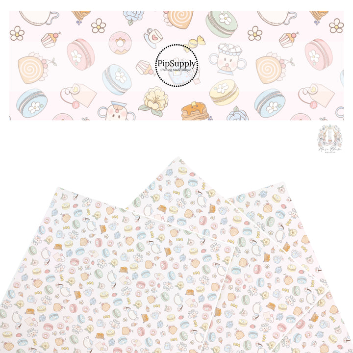 These spring faux leather sheets contain the following design elements: pastel tea party pastries. Our CPSIA compliant faux leather sheets or rolls can be used for all types of crafting projects.