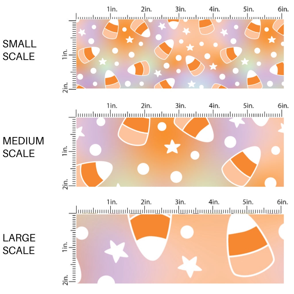 These Halloween themed pattern fabric by the yard features the following design elements: candy corn on pastel tie dye. This fun spooky themed fabric can be used for all your sewing and crafting needs!