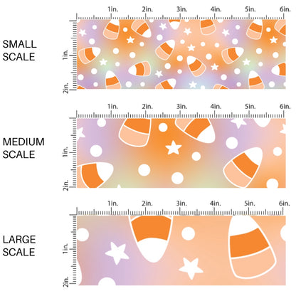 These Halloween themed pattern fabric by the yard features the following design elements: candy corn on pastel tie dye. This fun spooky themed fabric can be used for all your sewing and crafting needs!