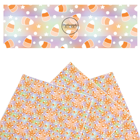 These Halloween themed pattern faux leather sheets contain the following design elements: candy corn on pastel tie dye. Our CPSIA compliant faux leather sheets or rolls can be used for all types of crafting projects.