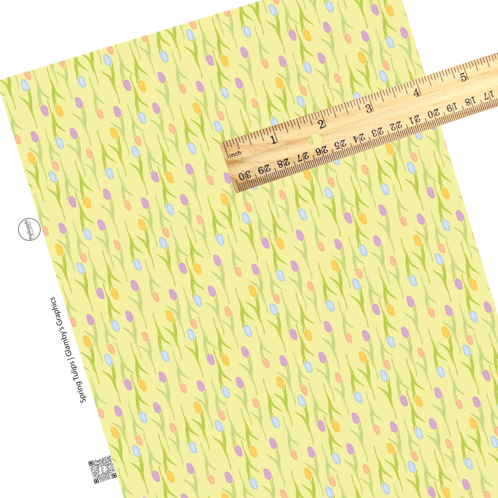 These spring tulip pattern themed faux leather sheets contain the following design elements: colorful tulips on yellow. Our CPSIA compliant faux leather sheets or rolls can be used for all types of crafting projects.