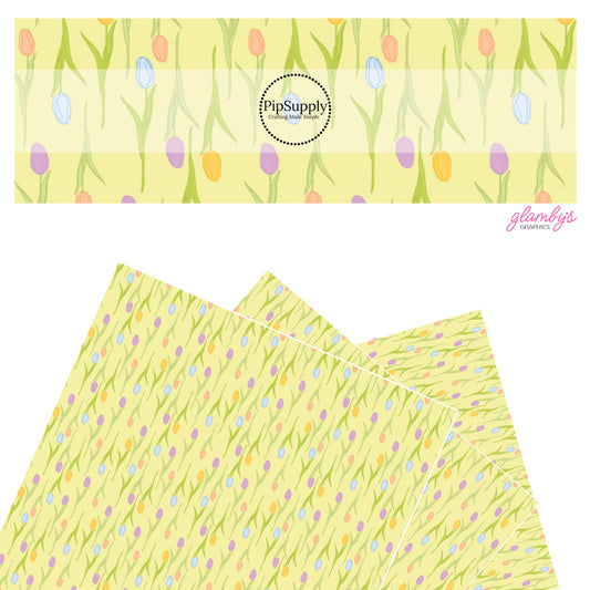 These spring tulip pattern themed faux leather sheets contain the following design elements: colorful tulips on yellow. Our CPSIA compliant faux leather sheets or rolls can be used for all types of crafting projects.