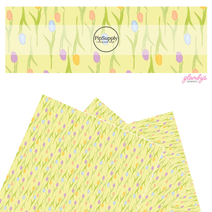 These spring tulip pattern themed faux leather sheets contain the following design elements: colorful tulips on yellow. Our CPSIA compliant faux leather sheets or rolls can be used for all types of crafting projects.