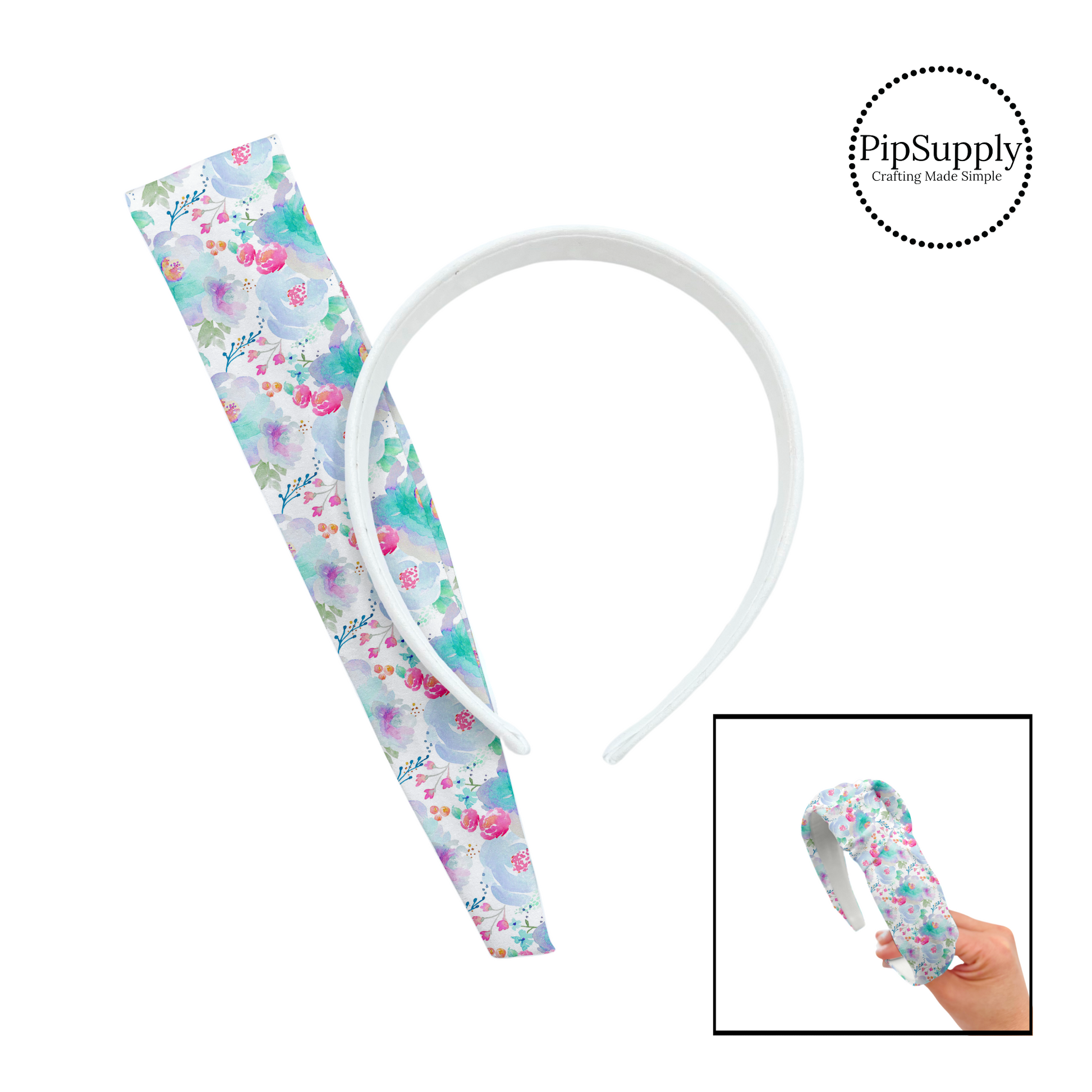 hese fun spring and summer floral kits with beautiful leaves and flowers in the color of  light pink, peach, hot pink, orange, green, purple, and lavender include a custom printed and sewn fabric strip and a coordinating velvet headband.  