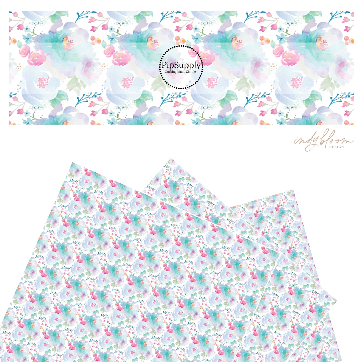 These pastel watercolor flowers on white faux leather sheets contain the following design elements: flowers in the colors of light pink, peach, light blue, teal, and green. 