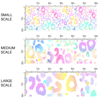 This scale chart of small scale, medium scale, and large scale of this animal fabric by the yard features rainbow leopard pattern. This fun themed fabric can be used for all your sewing and crafting needs!