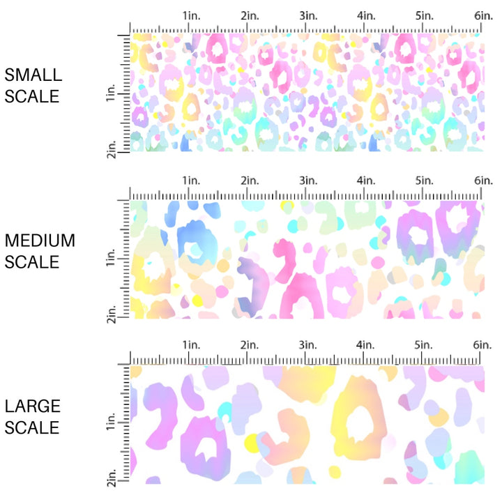 This scale chart of small scale, medium scale, and large scale of this animal fabric by the yard features rainbow leopard pattern. This fun themed fabric can be used for all your sewing and crafting needs!