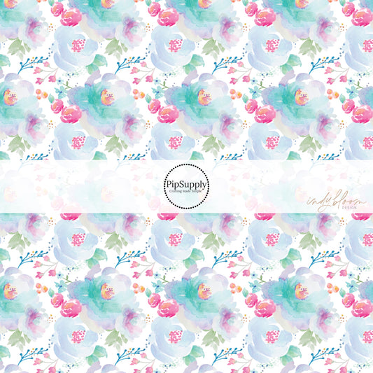 These pastel watercolor peonies on white fabric by the yard features light pink, peach, hot pink, orange, green, purple, and lavender flowers and leaves. 