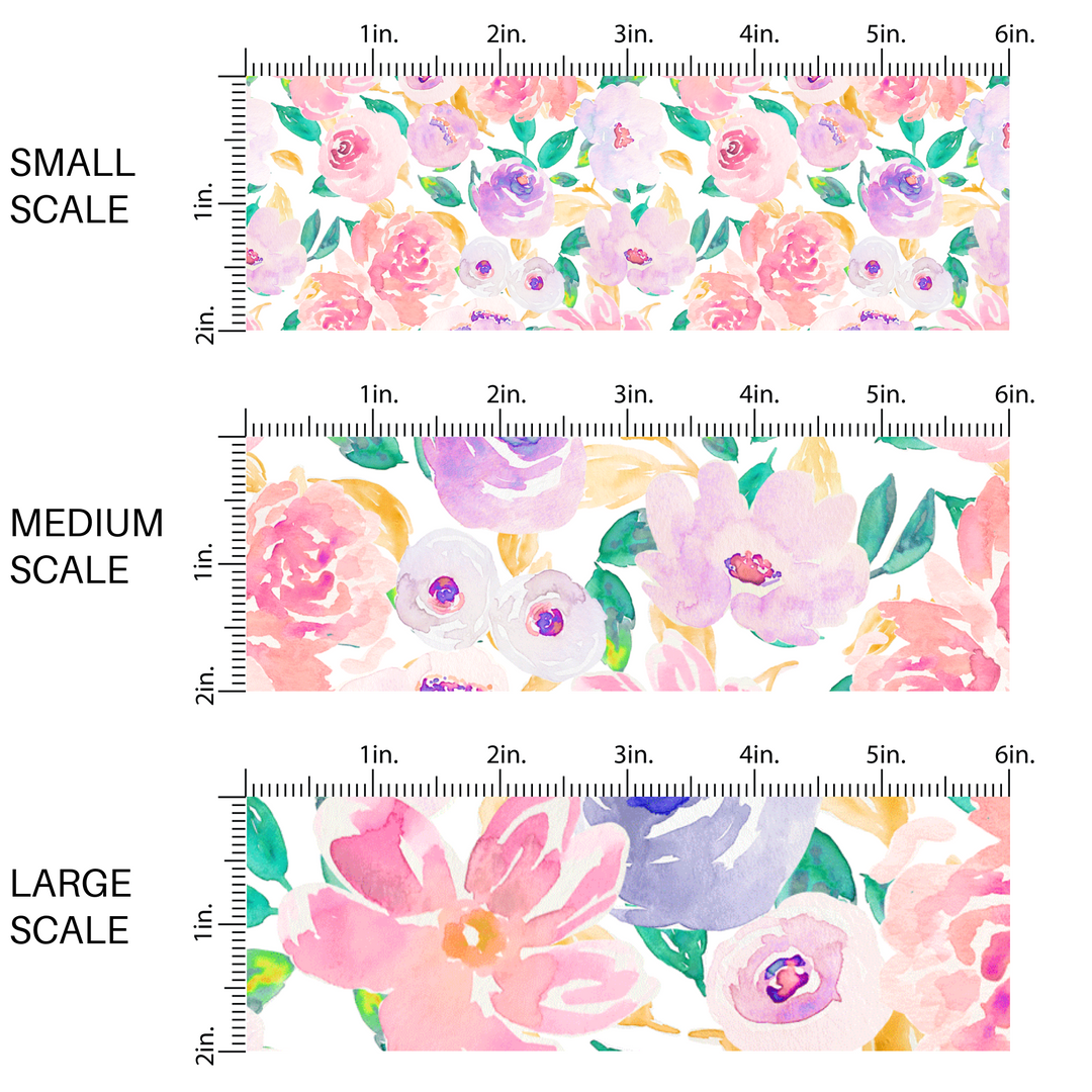 This scale chart with small scale, medium scale, and large scale of these pastel watercolor flower on white fabric by the yard features light pink, peach, light blush, orange, green, purple, and lavender flowers and leaves.