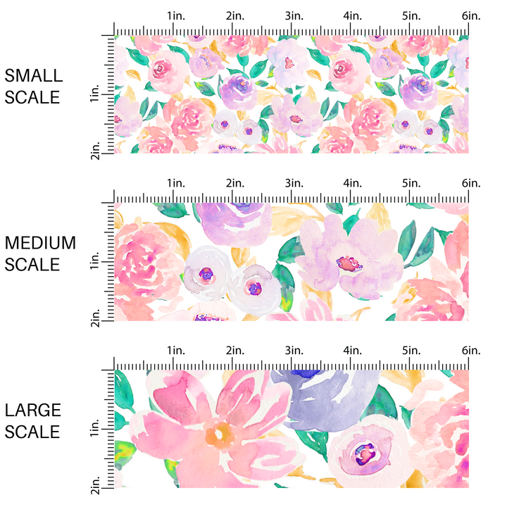 This scale chart with small scale, medium scale, and large scale of these pastel watercolor flower on white fabric by the yard features light pink, peach, light blush, orange, green, purple, and lavender flowers and leaves.