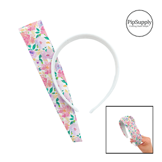 These fun spring and summer floral kits with beautiful leaves and flowers in the color of light pink, peach, light blush, orange, lavender, purple, and green include a custom printed and sewn fabric strip and a coordinating velvet headband.  