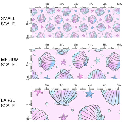 This scale chart of small scale, medium scale, and large scale of this pastel fabric by the yard features watercolor pink and purple sea shells. This fun summer themed fabric can be used for all your sewing and crafting needs!