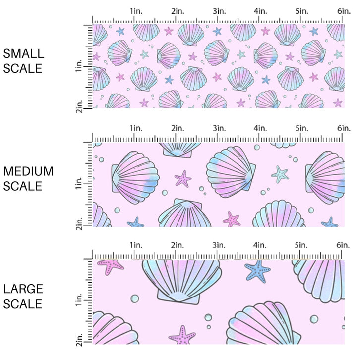 This scale chart of small scale, medium scale, and large scale of this pastel fabric by the yard features watercolor pink and purple sea shells. This fun summer themed fabric can be used for all your sewing and crafting needs!