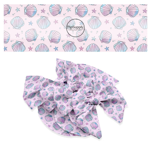 These pastel themed no sew bow strips can be easily tied and attached to a clip for a finished hair bow. These summer patterned bow strips are great for personal use or to sell. These bow strips feature watercolor pink and purple sea shells.