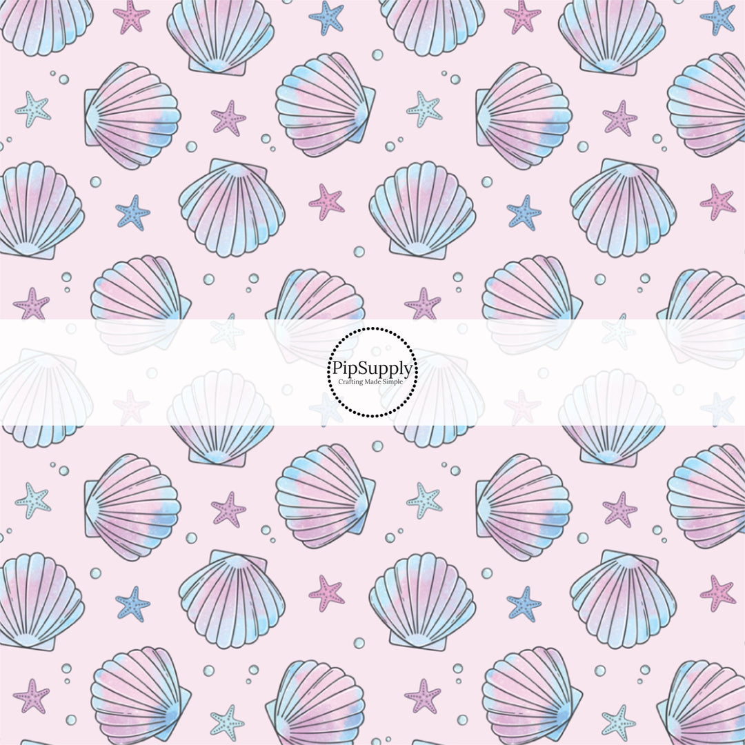 These pastel themed no sew bow strips can be easily tied and attached to a clip for a finished hair bow. These summer patterned bow strips are great for personal use or to sell. These bow strips feature watercolor pink and purple sea shells.