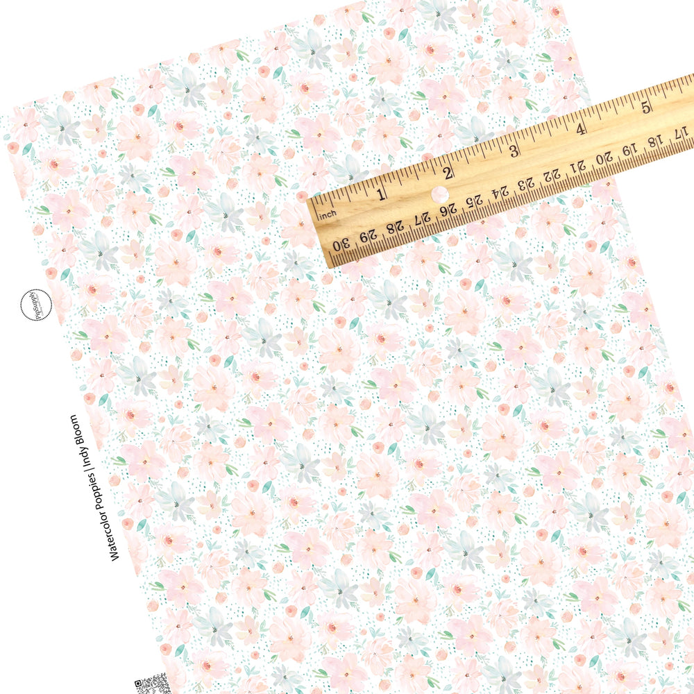 These pastel watercolor flowers on a white faux leather sheets contain the following design elements: poppy flowers in the colors of light pink, peach, light blue, teal, and green. 