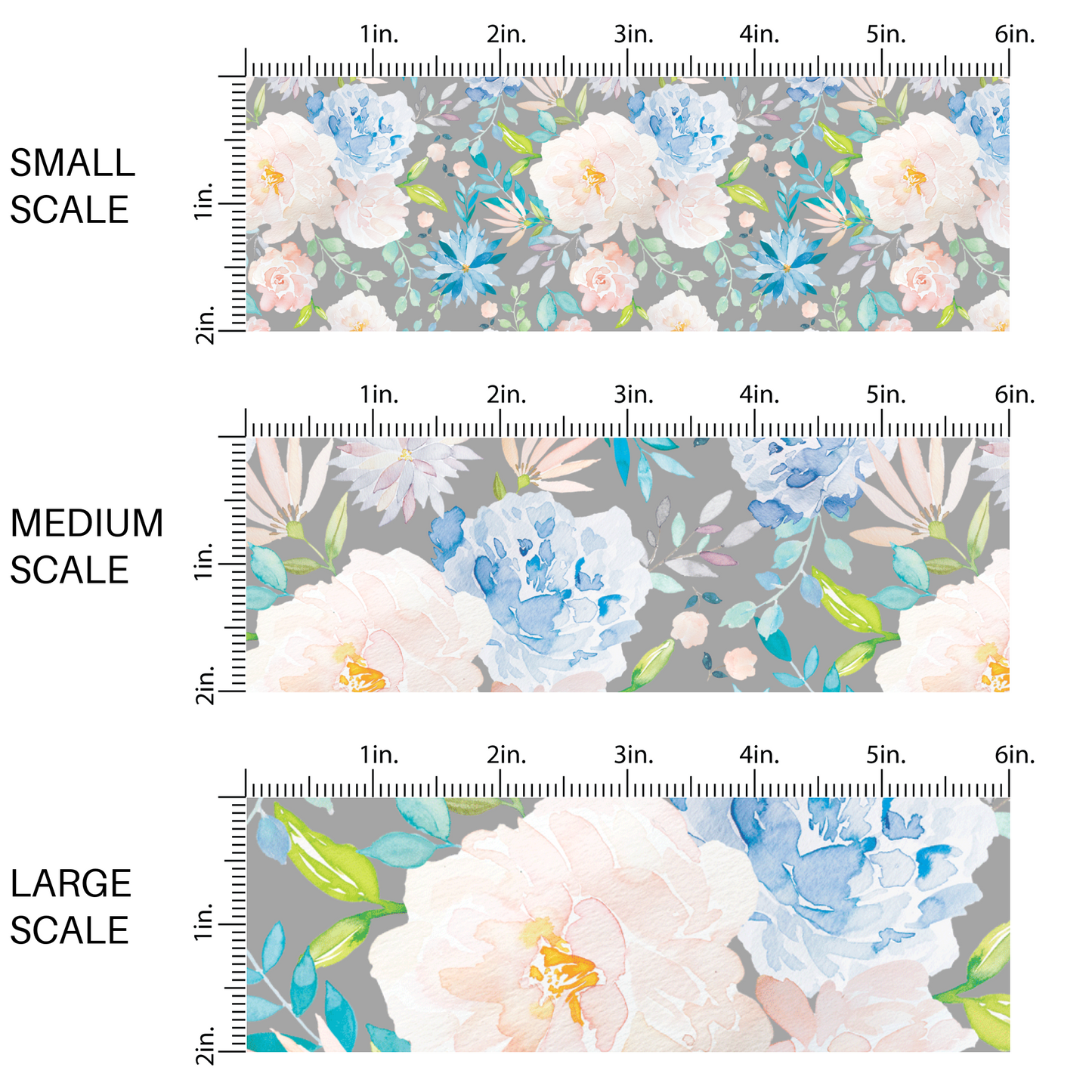 This scale chart with small scale, medium scale, and large scale pastel watercolor flower on gray fabric by the yard features light pink, peach, blue, teal, and green beautiful flowers and leaves.