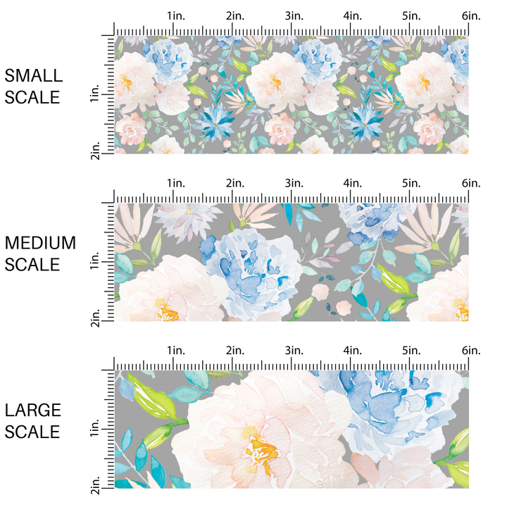 This scale chart with small scale, medium scale, and large scale pastel watercolor flower on gray fabric by the yard features light pink, peach, blue, teal, and green beautiful flowers and leaves.