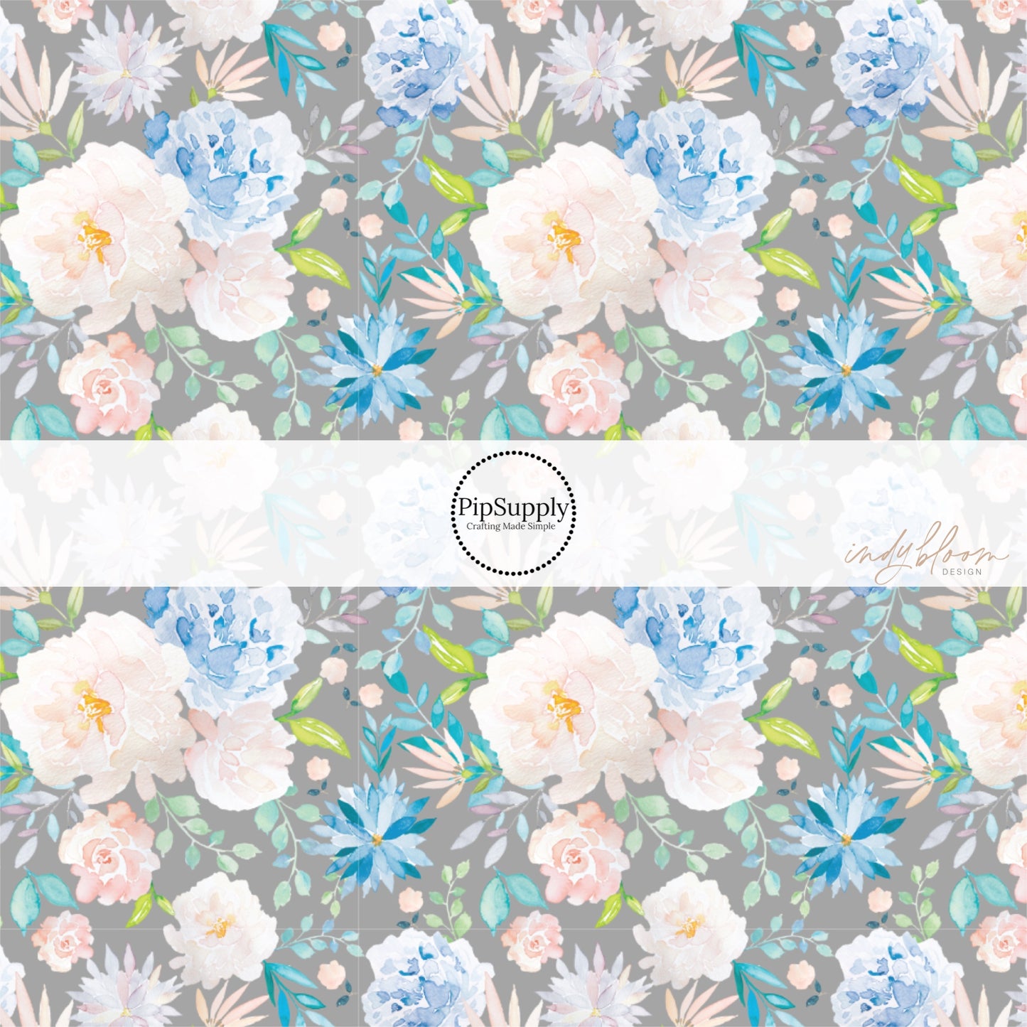 These pastel watercolor flower on gray fabric by the yard features light pink, peach, blue, teal, and green beautiful flowers and leaves.