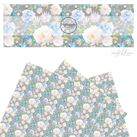 These pastel watercolor flowers on a gray faux leather sheets contain the following design elements: light pink, peach, blue, teal, purple, and green beautiful flowers and leaves.