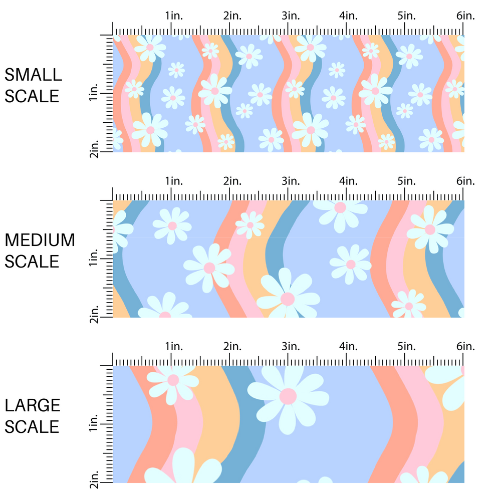 This scale image with small scale, medium scale, and large scale wavy pastel rainbow stripes with white daisies with various sizes on periwinkle fabric by the yard.