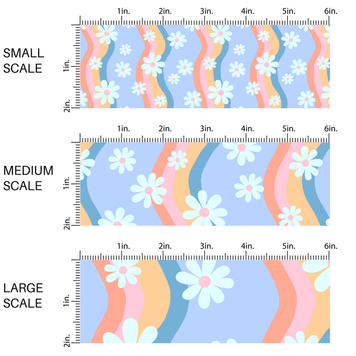 This scale image with small scale, medium scale, and large scale wavy pastel rainbow stripes with white daisies with various sizes on periwinkle fabric by the yard.