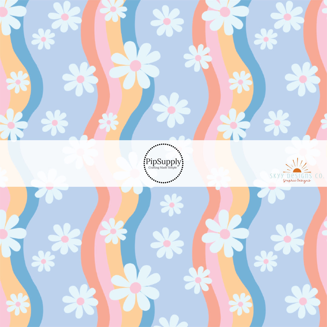 Wavy pastel rainbow stripes with white daisies with various sizes on periwinkle fabric by the yard. 