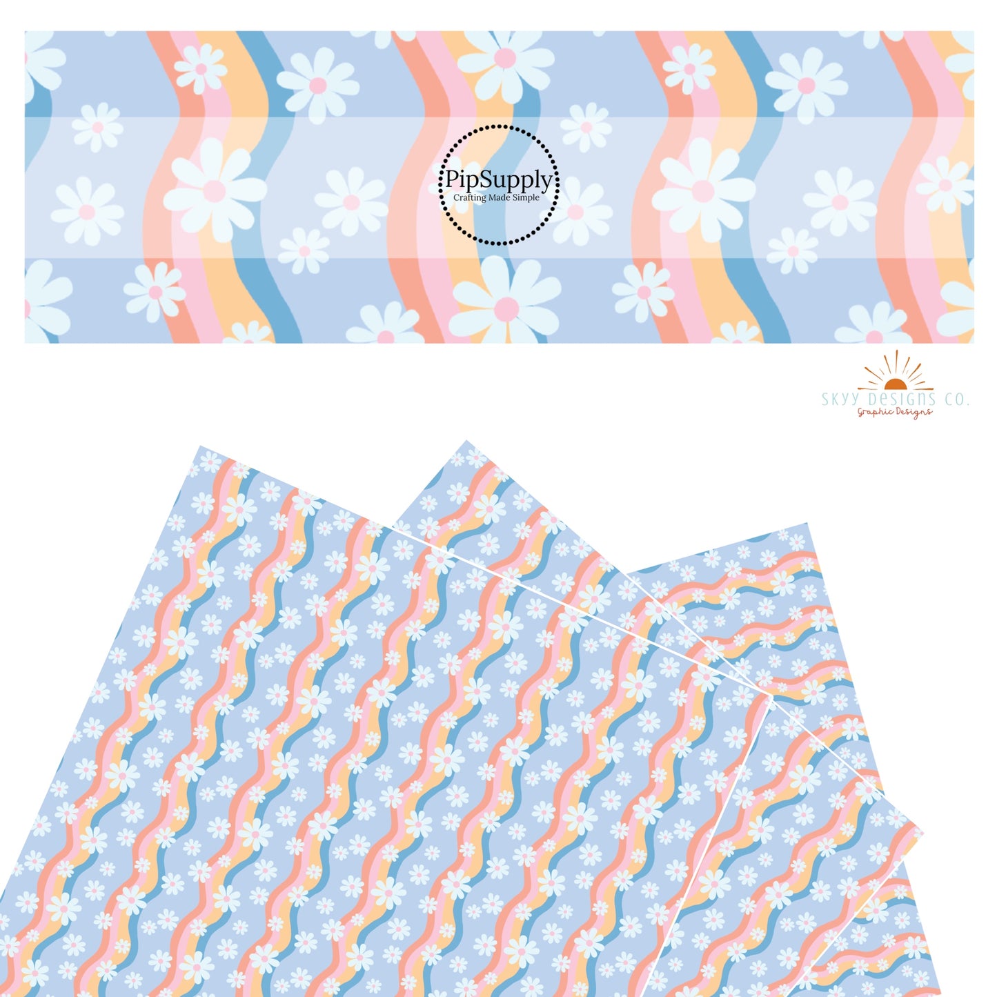 Wavy pastel rainbow stripes with white daisies with various sizes on periwinkle faux leather sheets. 