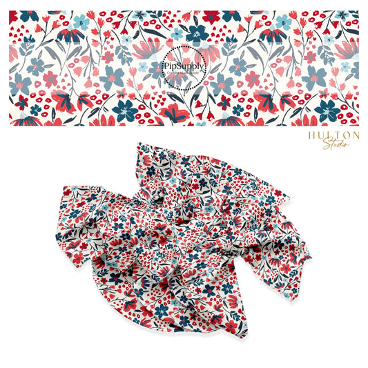 These 4th of July themed no sew bow strips can be easily tied and attached to a clip for a finished hair bow. These patterned bow strips are great for personal use or to sell. These bow strips feature patriotic red and blue flowers on cream.