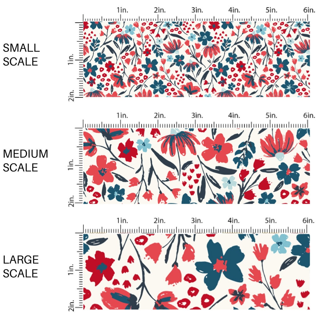 This scale chart of small scale, medium scale, and large scale of this 4th of July fabric by the yard features patriotic red and blue flowers on cream. This fun patriotic themed fabric can be used for all your sewing and crafting needs!