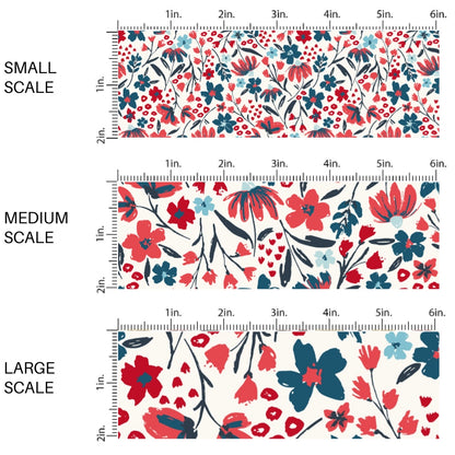This scale chart of small scale, medium scale, and large scale of this 4th of July fabric by the yard features patriotic red and blue flowers on cream. This fun patriotic themed fabric can be used for all your sewing and crafting needs!