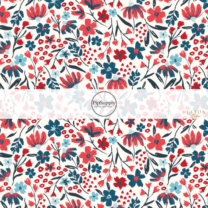 This 4th of July fabric by the yard features patriotic red and blue flowers on cream. This fun patriotic themed fabric can be used for all your sewing and crafting needs!